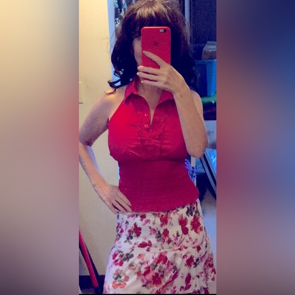 RETRO RED COTTON HALTER Tuxedo TOP w/ruffles- XS - Picture 9 of 11